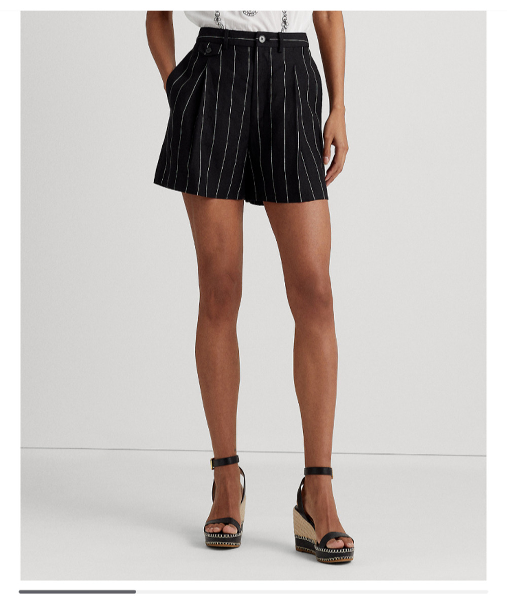 NWT Lauren Ralph Lauren Pinstriped Pleated Linen Shorts Black/White 14 MSRP $125